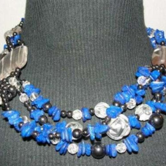 Lapis Lazuli Hematite Carved Clear Quartz Chip Bead Necklace Torsade